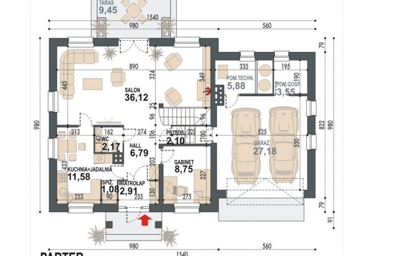 Projekt domu jednorodzinnego Sindbad N2G - rzut parteru