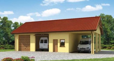 Projekt domu G210 garaż dwustanowiskowy z pomieszczeniami gospodarczymi i wiatą