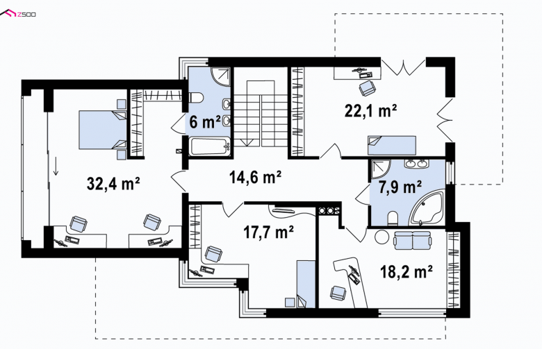 Projekt domu piętrowego Zx14 - rzut poddasza