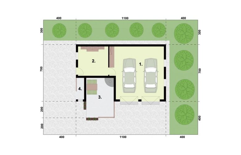 Projekt garażu G321 garaż dwustanowiskowy z pomieszczeniem gospodarczym i altaną - rzut przyziemia