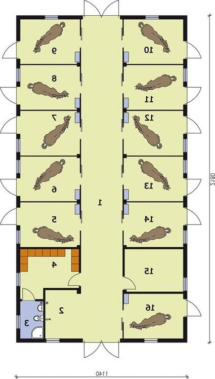 PRZYZIEMIE S20 Stajnia dla koni - 10 boksów - wersja lustrzana