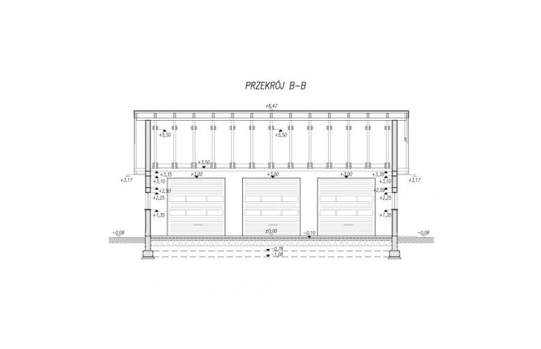 Projekt budynku gospodarczego G164 garaż trzystanowiskowy z pomieszczeniami gospodarczymi - przekrój 2