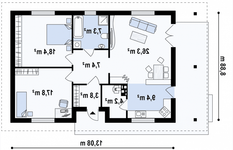 Projekt domu parterowego Z55 - rzut parteru