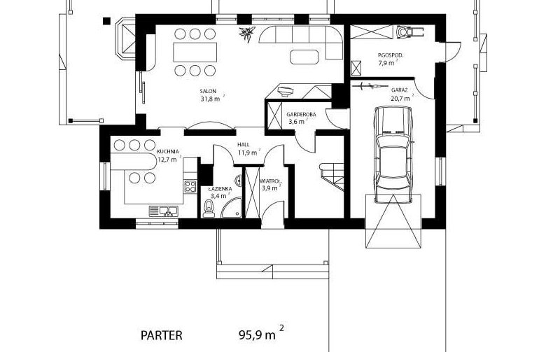 Projekt domu jednorodzinnego HG-W5 - rzut parteru