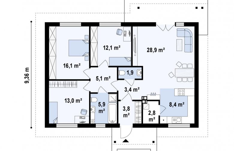 Projekt domu parterowego Z69 - rzut parteru