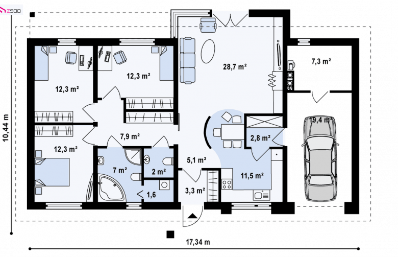 Projekt domu parterowego Z165 - rzut parteru