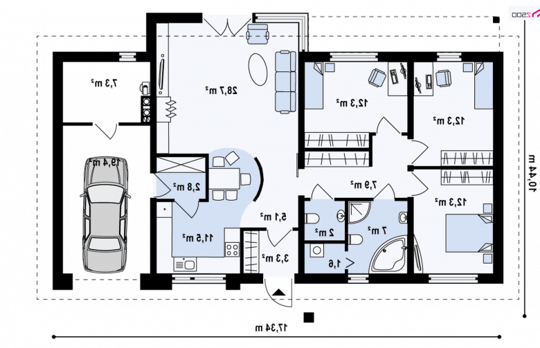 Projekt domu parterowego Z165 - rzut parteru