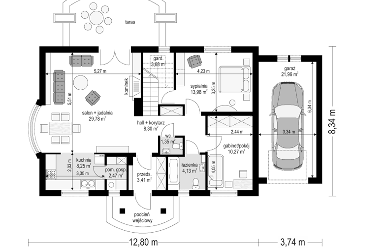 Projekt domu jednorodzinnego Gargamel z garażem (81) - rzut parteru