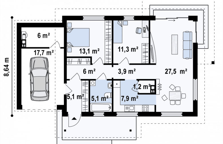 Projekt domu parterowego Z259 - rzut parteru