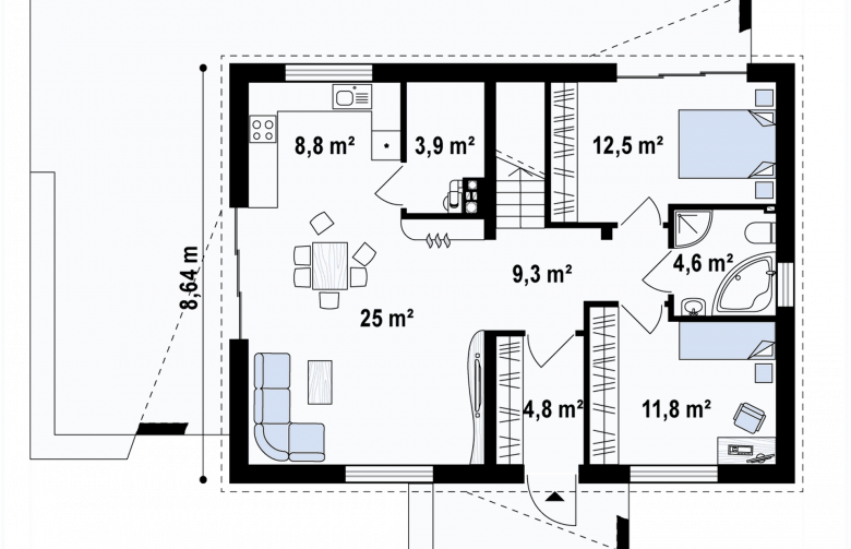 Projekt domu parterowego Z255 - rzut parteru