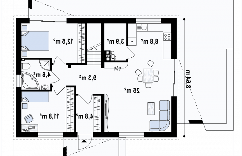 Projekt domu parterowego Z255 - rzut parteru