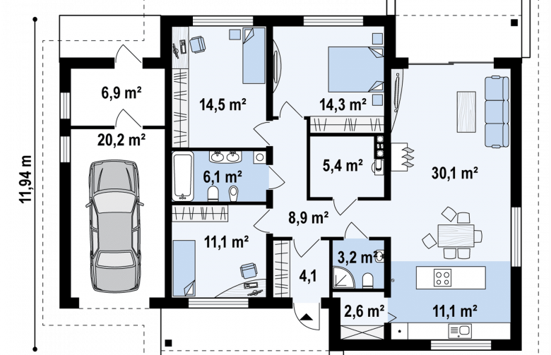 Projekt domu parterowego Z131 - rzut parteru