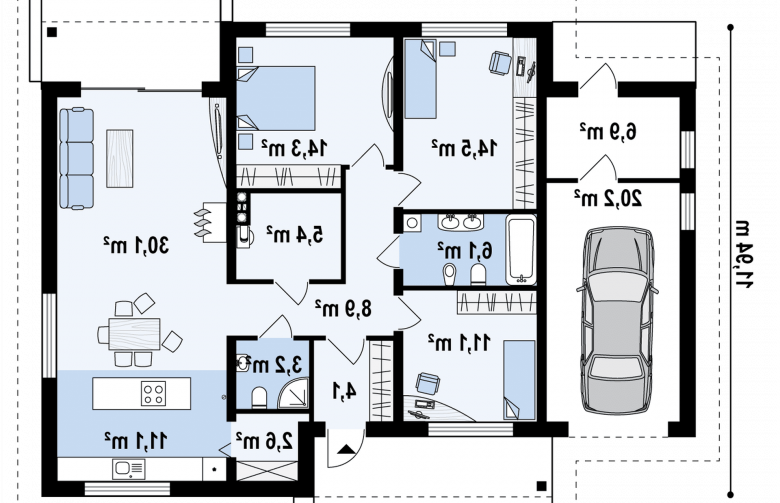 Projekt domu parterowego Z131 - rzut parteru