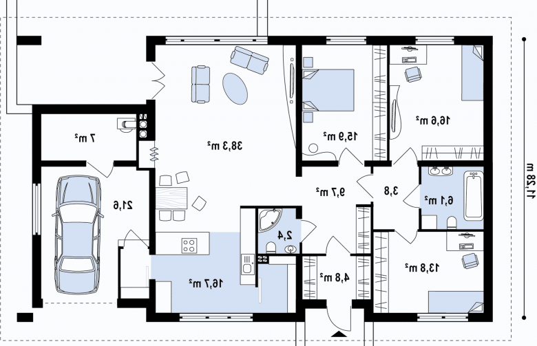 Projekt domu parterowego Z123 - rzut parteru