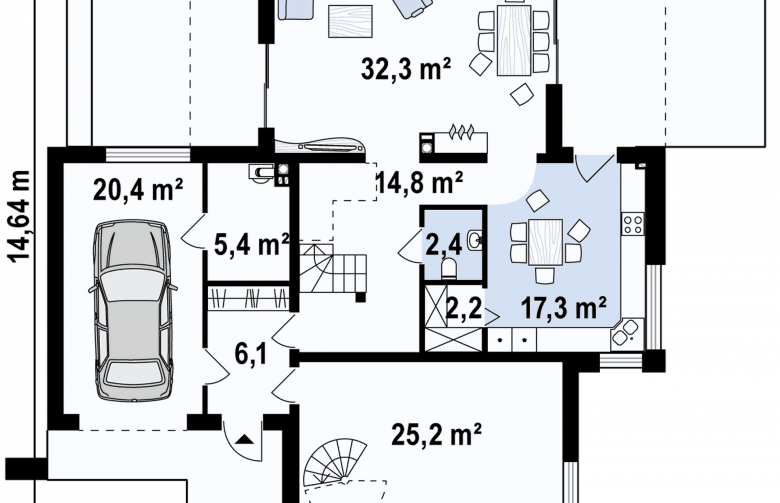 Projekt domu piętrowego Zx64 - rzut parteru