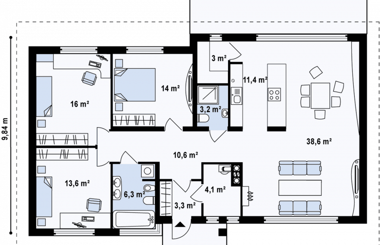 Projekt domu parterowego Z140 - rzut parteru