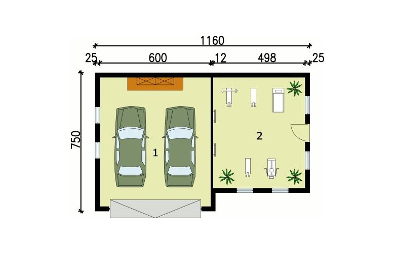 Projekt budynku komercyjnego G71 garaż dwustanowiskowy z pomieszczeniem rekreacyjnym - przyziemie