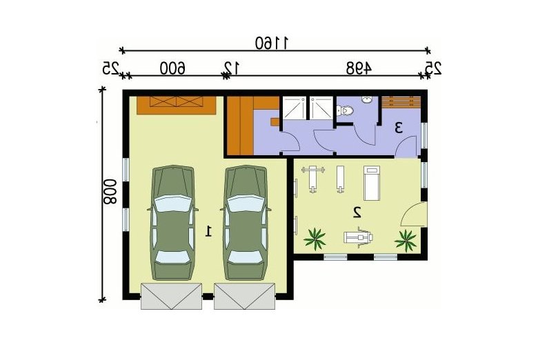 Projekt garażu G72 garaż dwustanowiskowy z pomieszczeniami rekreacyjnymi i sauną - przyziemie