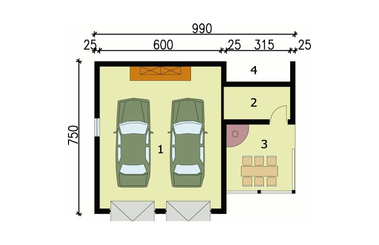 Projekt garażu G64 garaż dwustanowiskowy z pomieszczeniem gospodarczym - przyziemie