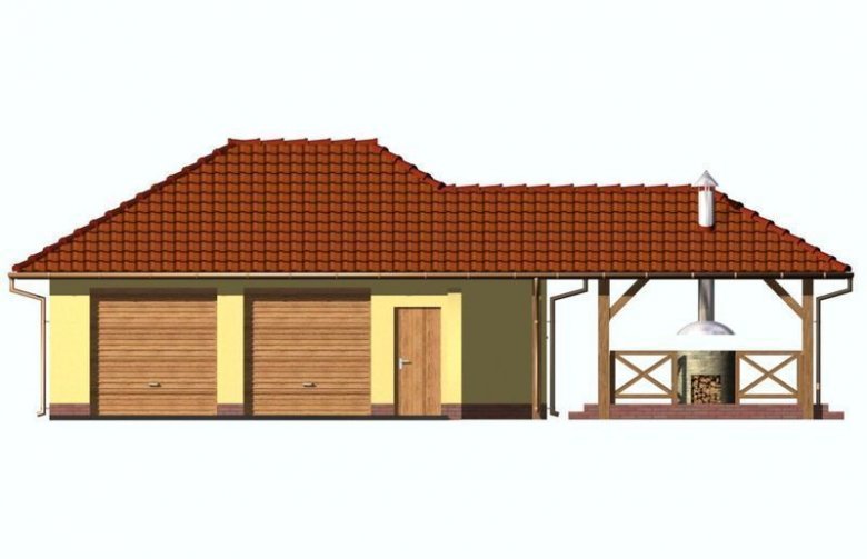 Projekt garażu G54 garaż dwustanowiskowy z pomieszczeniem gospodarczym i składem na drewno kominkowe - elewacja 2