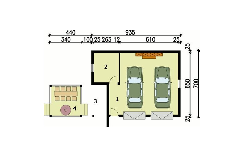 Projekt garażu G54 garaż dwustanowiskowy z pomieszczeniem gospodarczym i składem na drewno kominkowe - przyziemie