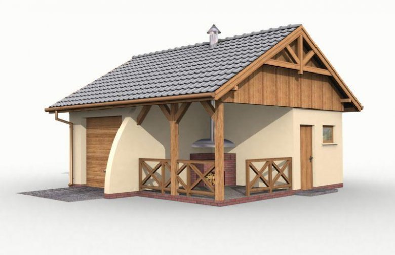 Projekt garażu G41 garaż jednostanowiskowy z pomieszczeniem gospodarczym i altaną ogrodową z grilem.