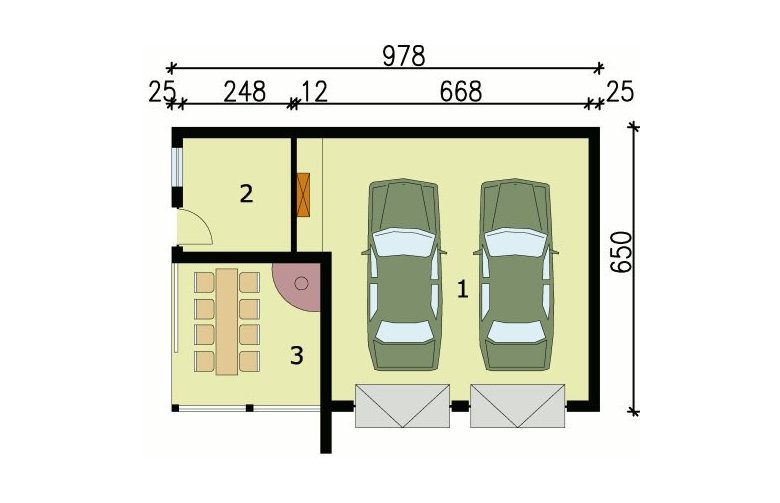 Projekt garażu G42 garaż dwustanowiskowy z pomieszczeniem gospodarczym i altaną ogrodową z grilem - przyziemie