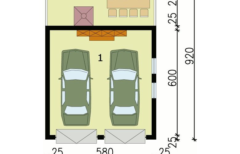 Projekt garażu G36 garaż dwustanowiskowy z werandą - przyziemie