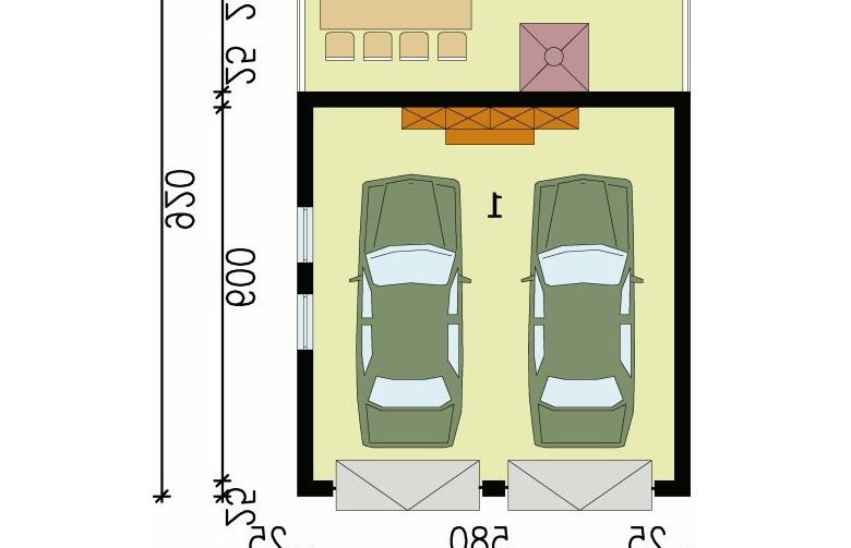 Projekt garażu G36 garaż dwustanowiskowy z werandą - przyziemie