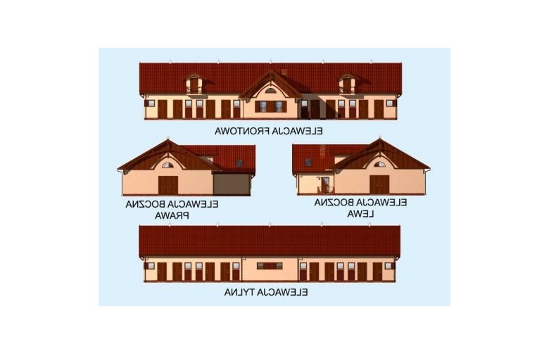 Projekt budynku gospodarczego S25 Stajnia dla koni - 16 boksów + część mieszkalna - elewacja 1