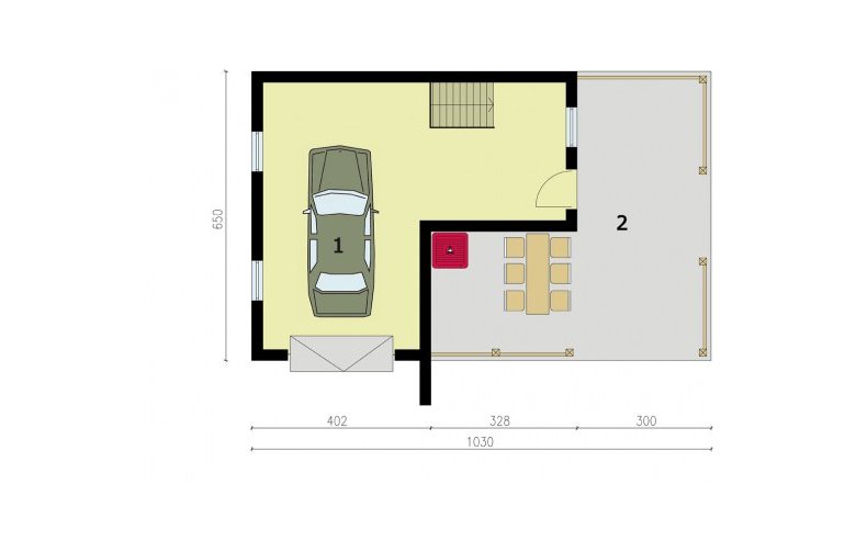 Projekt garażu G194 garaż jednostanowiskowy z werandą i piwnicą - rzut parteru