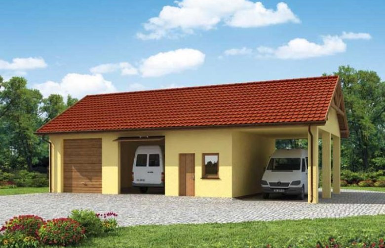 Projekt garażu G210 garaż dwustanowiskowy z pomieszczeniami gospodarczymi i wiatą