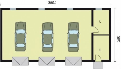 RZUT PRZYZIEMIA G218 garaż trzystanowiskowy z pomieszczeniami gospodarczymi - wersja lustrzana