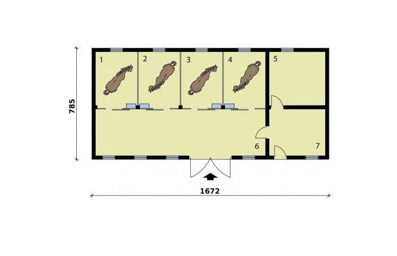 Projekt budynku gospodarczego S41 Stajnia dla koni - 4 boksy - rzut przyziemia