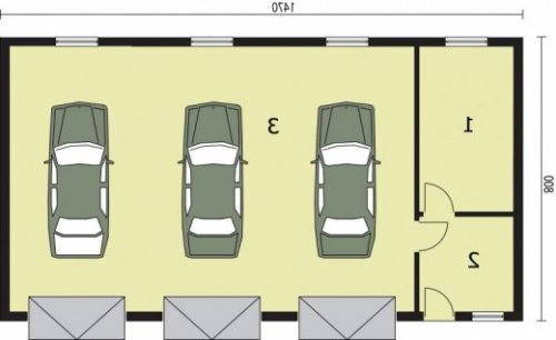 RZUT PRZYZIEMIA G250 garaż trzystanowiskowy z pomieszczeniami gospodarczymi - wersja lustrzana