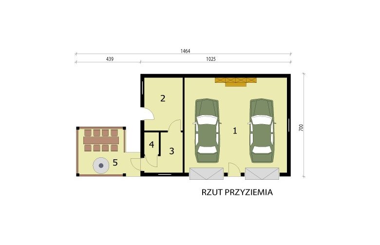 Projekt garażu G247 garaż dwustanowiskowy z pomieszczeniami gospodarczymi i werandą - przyziemie