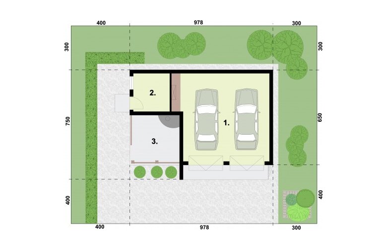Projekt garażu G255 garaż dwustanowiskowy z pomieszczeniem gospodarczym i altaną - rzut przyziemia