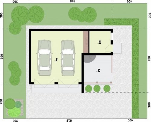 RZUT PRZYZIEMIA G255 garaż dwustanowiskowy z pomieszczeniem gospodarczym i altaną - wersja lustrzana