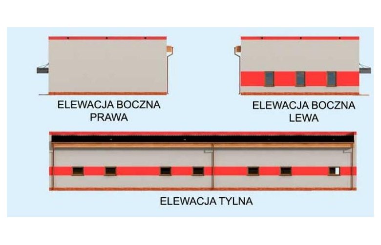 Projekt garażu G258 garaż sześciostanowiskowy z pomieszczeniami gospodarczymi - elewacja 2