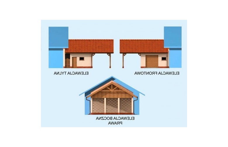 Projekt garażu GP10 garaż dostawiany jednostanowiskowy z pomieszczeniem gospodarczym i wiatą - elewacja 1