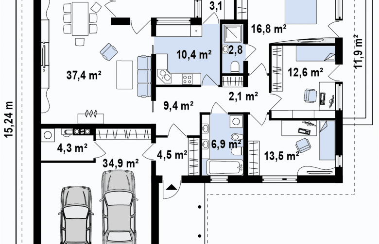 Projekt domu parterowego Z144 - rzut parteru