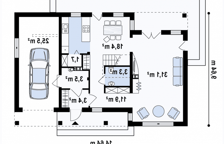 Projekt domu z poddaszem Zx43 - rzut parteru