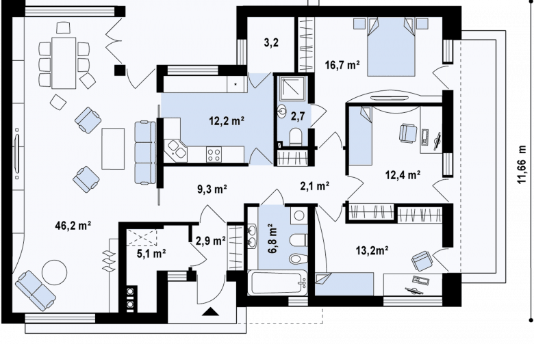 Projekt domu parterowego Zx34 - rzut parteru