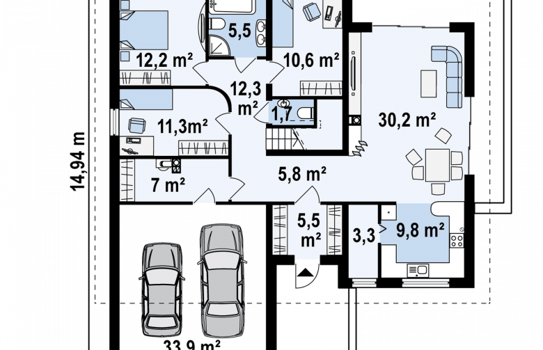 Projekt domu parterowego Z202 - rzut parteru