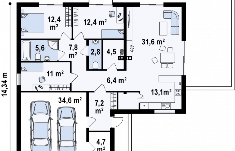 Projekt domu parterowego Z208 - rzut parteru