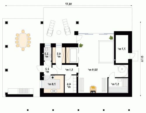 Rzut projektu Sauna - wersja lustrzana