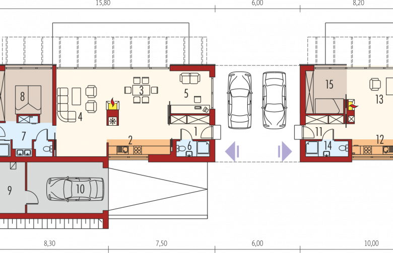 Projekt domu dwurodzinnego Terenia G1 - parter