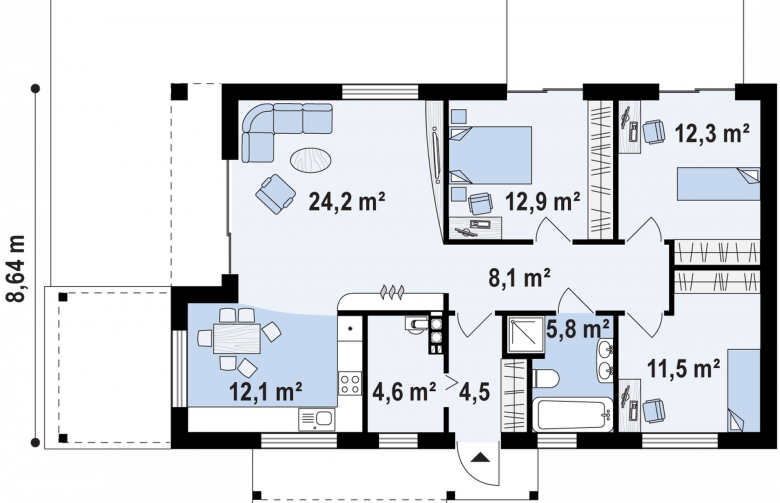 Projekt domu parterowego Z258 - rzut parteru