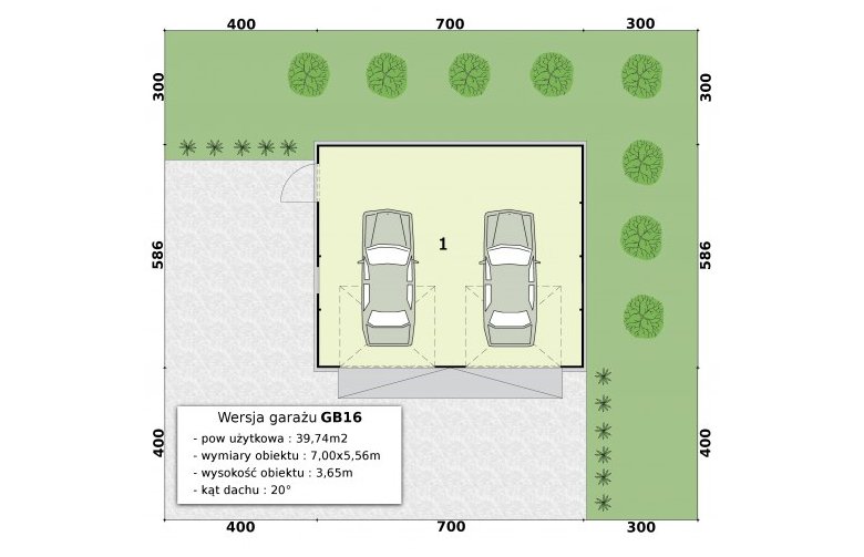 Projekt garażu GB1 projekt garażu blaszanego dwustanowiskowego - rzut przyziemia garażu gb16