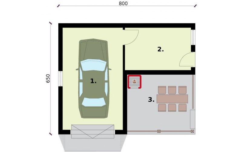Projekt garażu G264A garaż jednostanowiskowy z pomieszczeniem gospodarczym i werandą - rzut przyziemia
